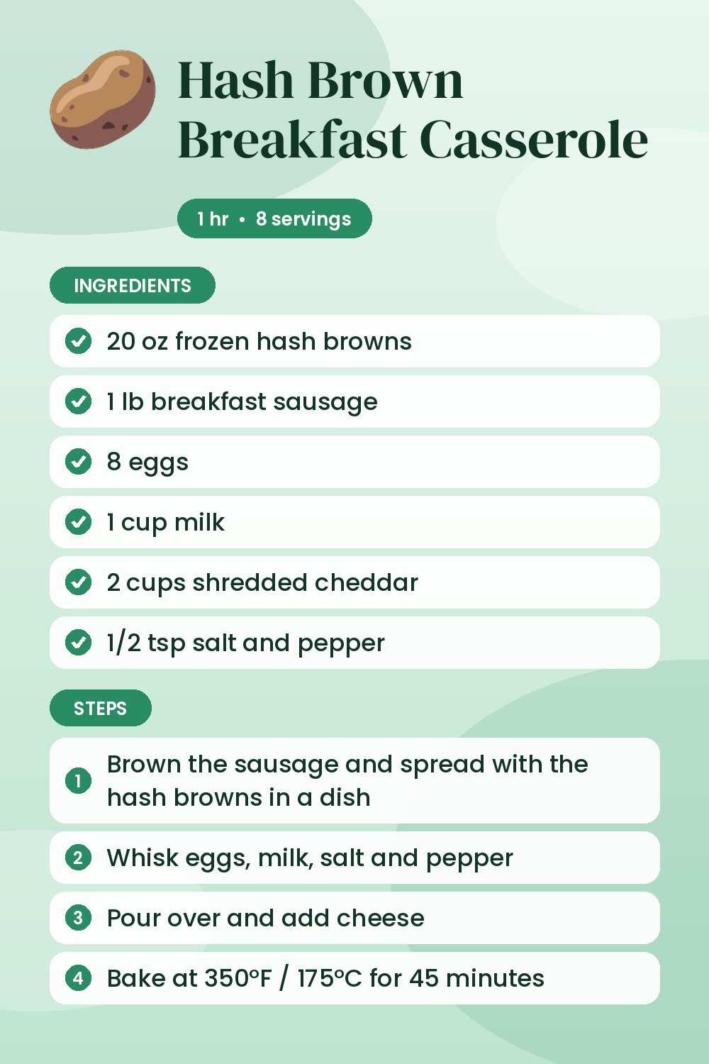 Hash Brown Breakfast Casserole: recipe card with ingredients and steps