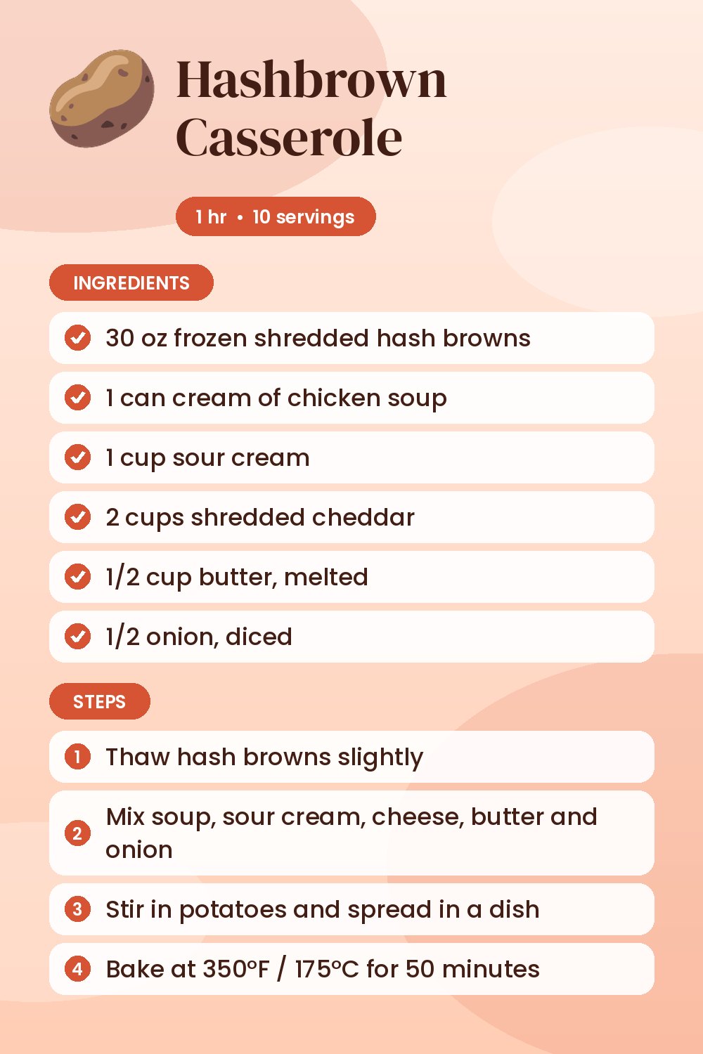 Hashbrown Casserole: recipe card with ingredients and steps