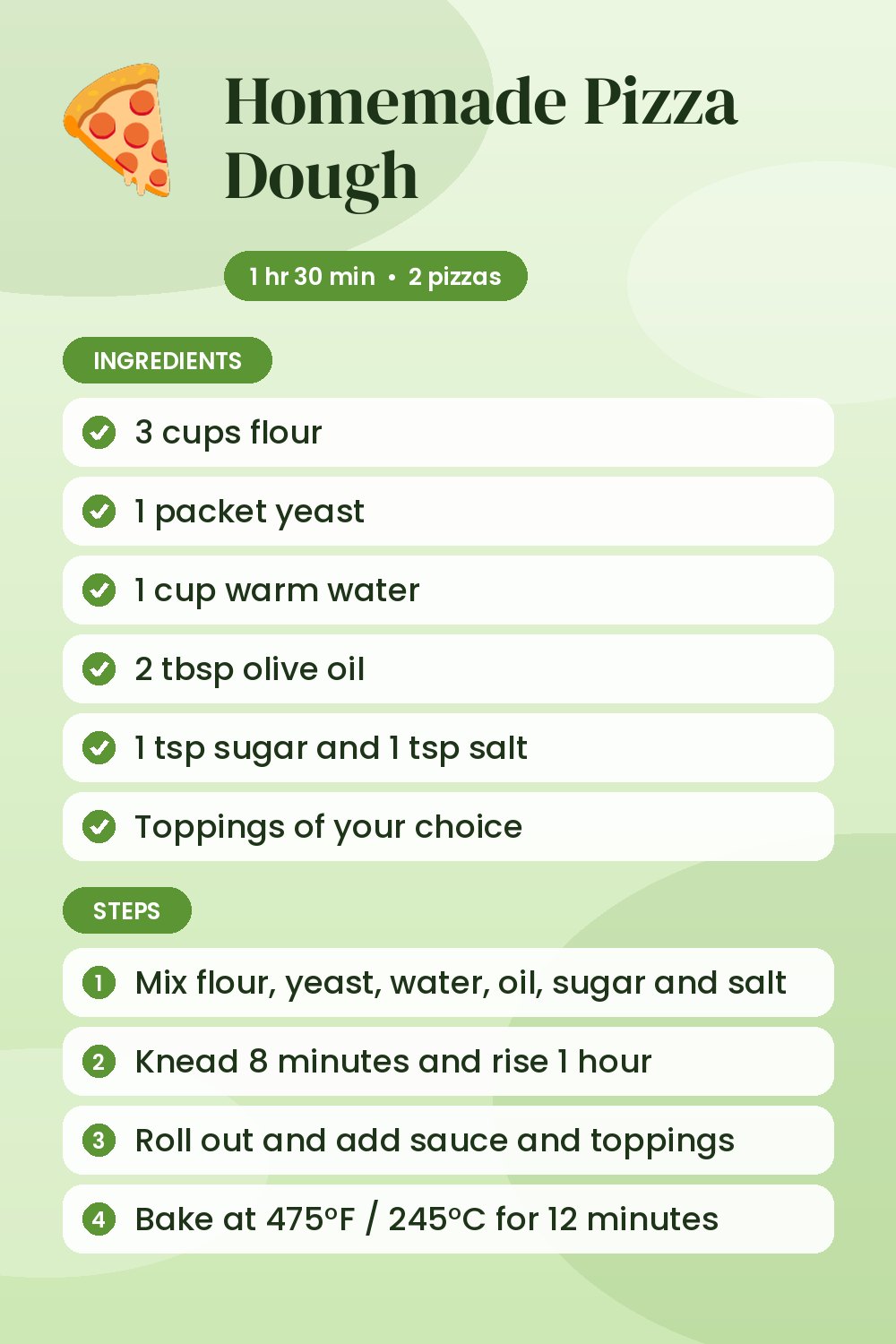 Homemade Pizza Dough: recipe card with ingredients and steps