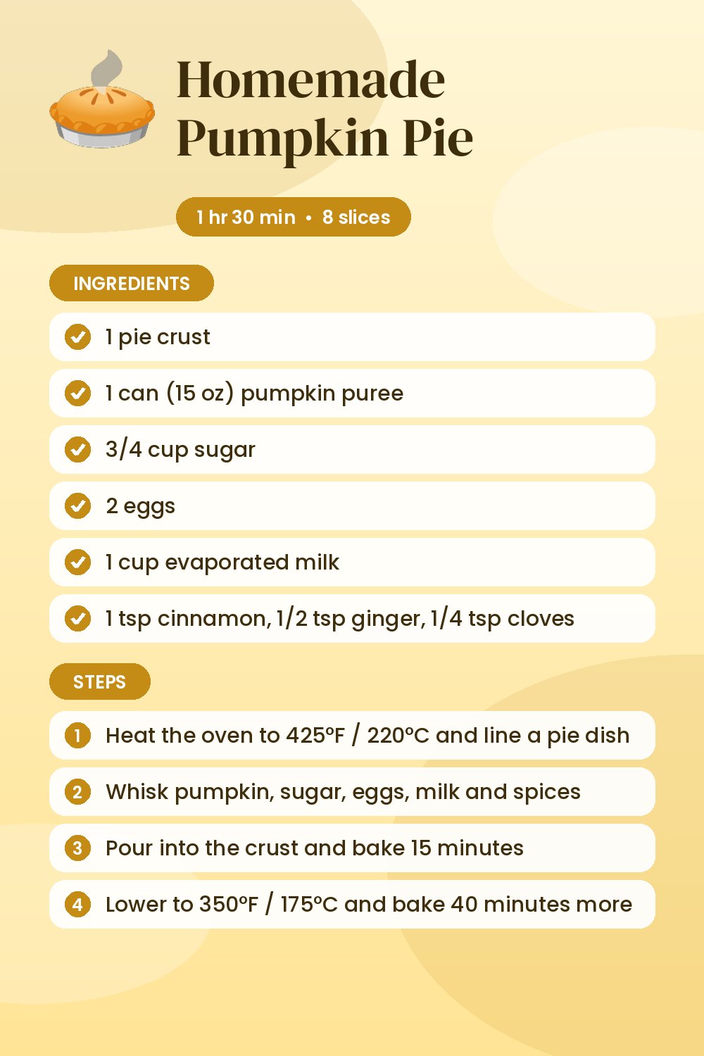 Homemade Pumpkin Pie: recipe card with ingredients and steps