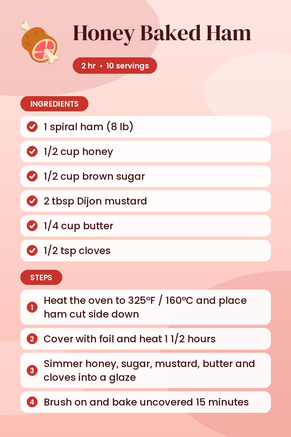 Honey Baked Ham: recipe card with ingredients and steps
