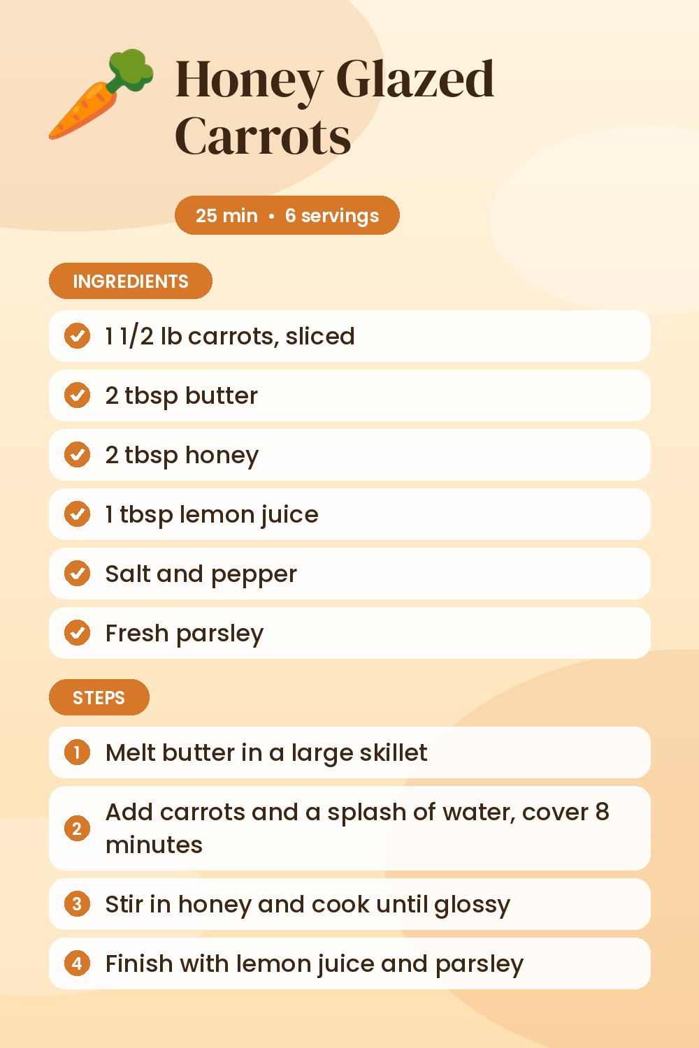 Honey Glazed Carrots: recipe card with ingredients and steps