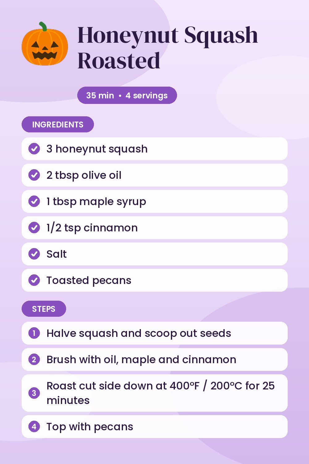 Honeynut Squash Roasted: recipe card with ingredients and steps