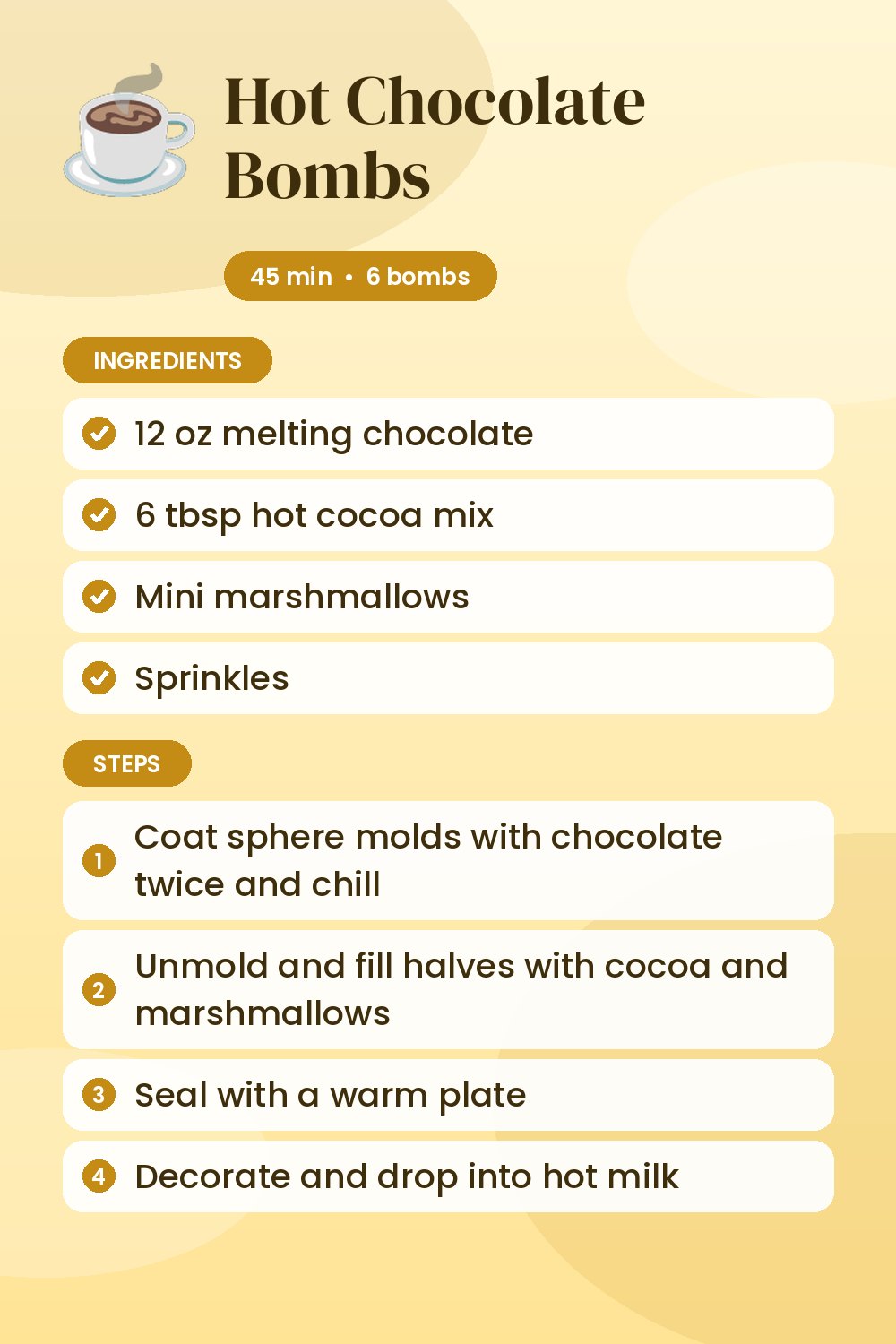 Hot Chocolate Bombs: recipe card with ingredients and steps