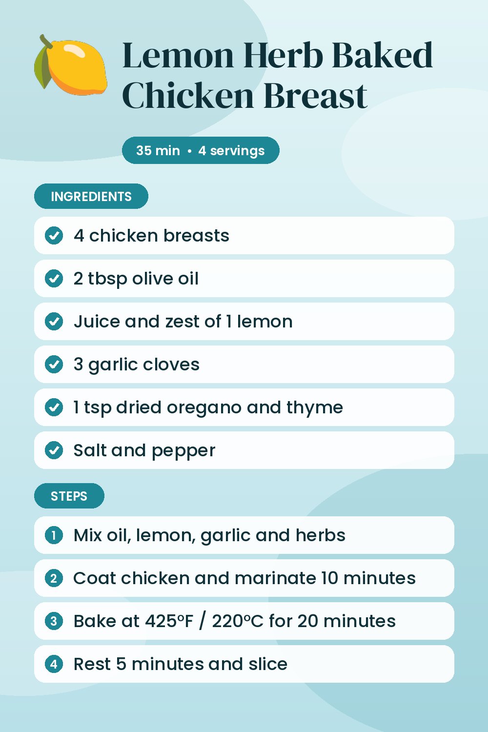 Lemon Herb Baked Chicken Breast: recipe card with ingredients and steps