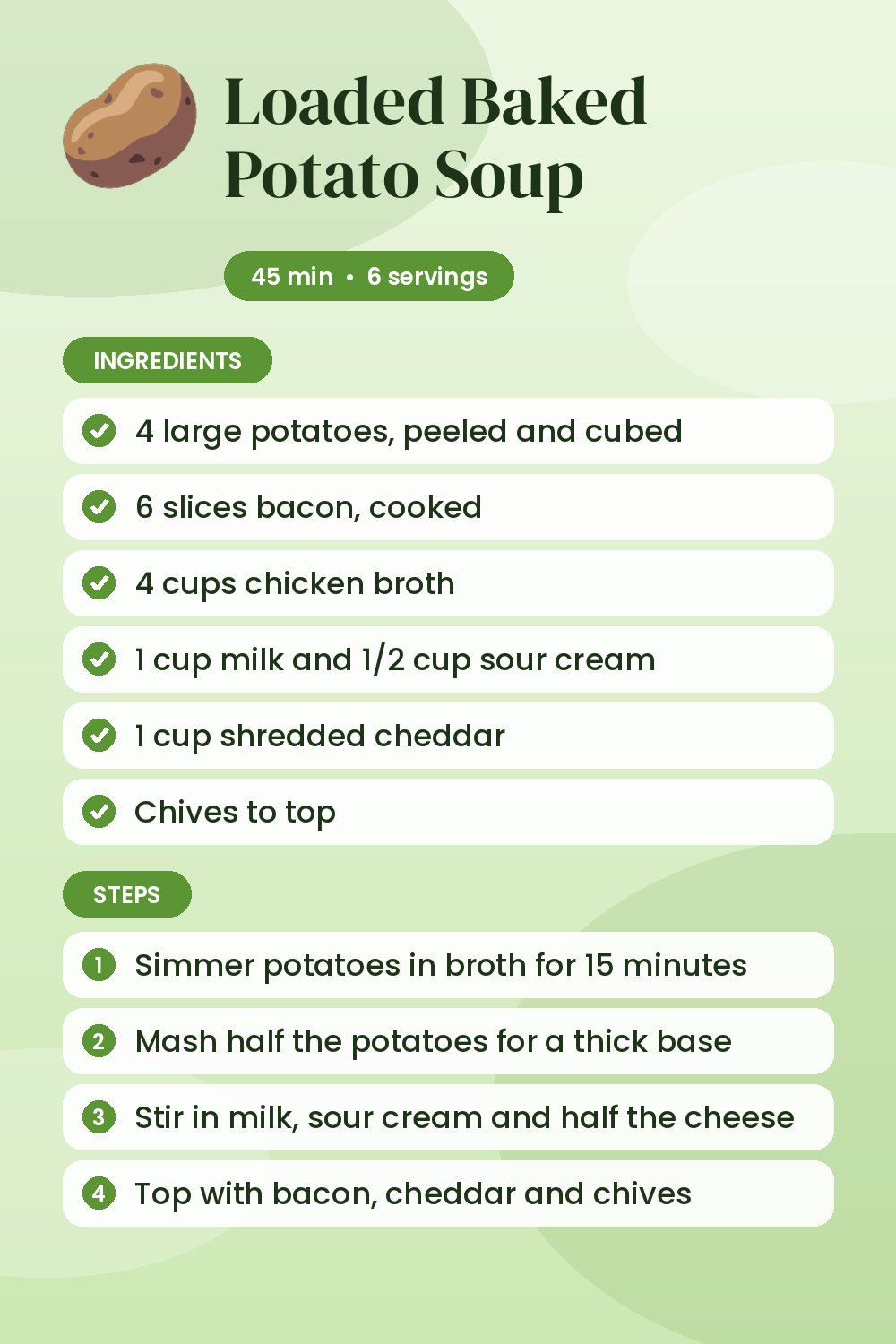 Loaded Baked Potato Soup: recipe card with ingredients and steps