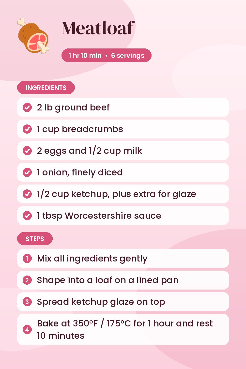 Meatloaf: recipe card with ingredients and steps