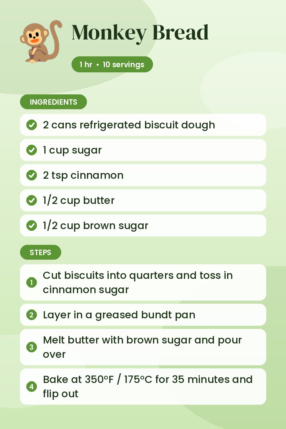 Monkey Bread: recipe card with ingredients and steps