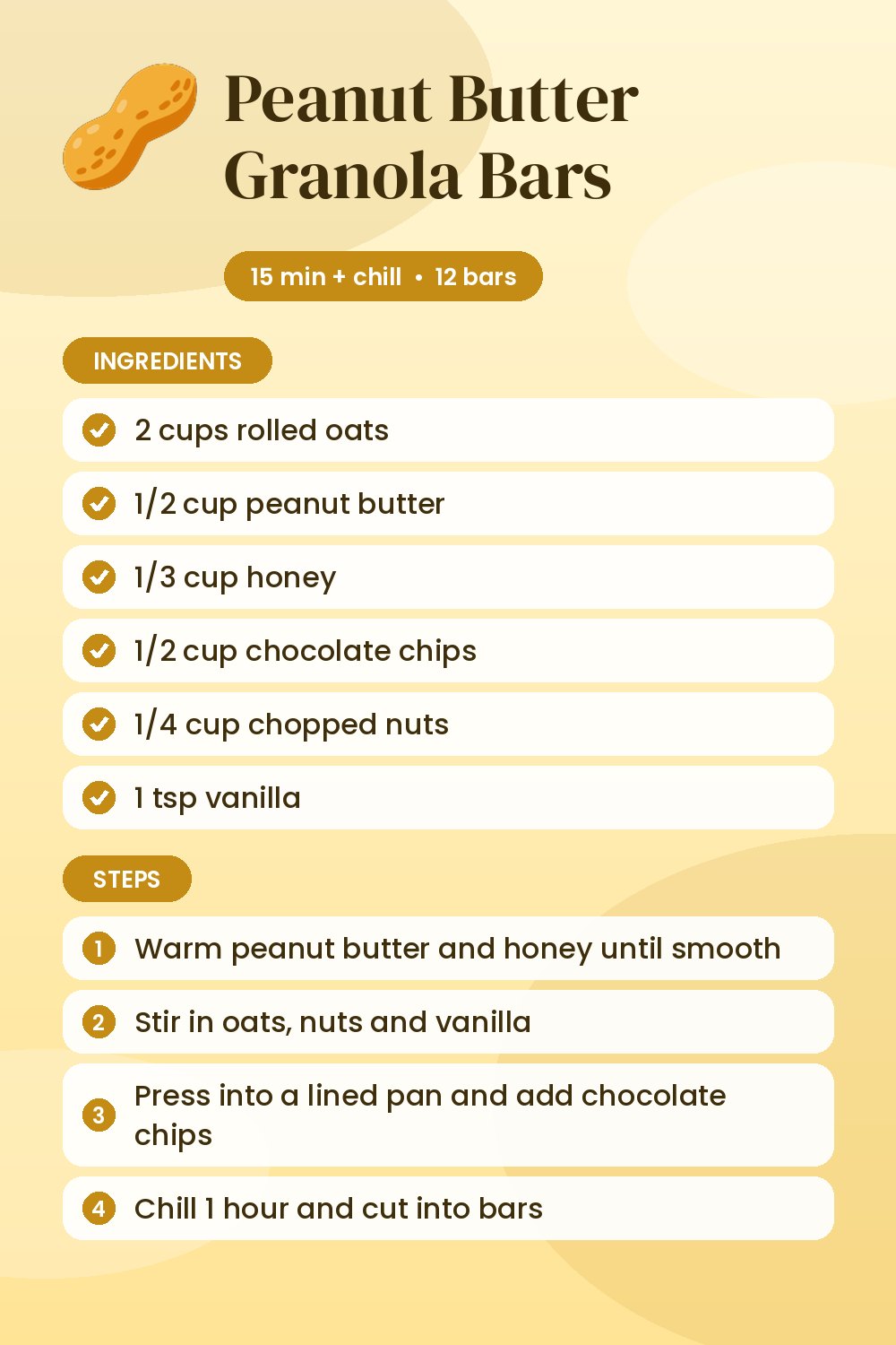 Peanut Butter Granola Bars: recipe card with ingredients and steps