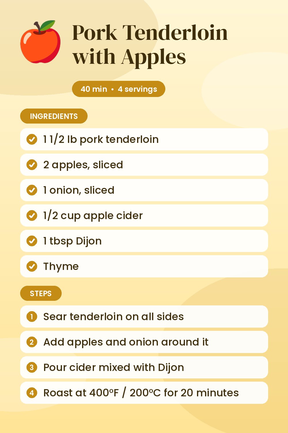 Pork Tenderloin with Apples: recipe card with ingredients and steps
