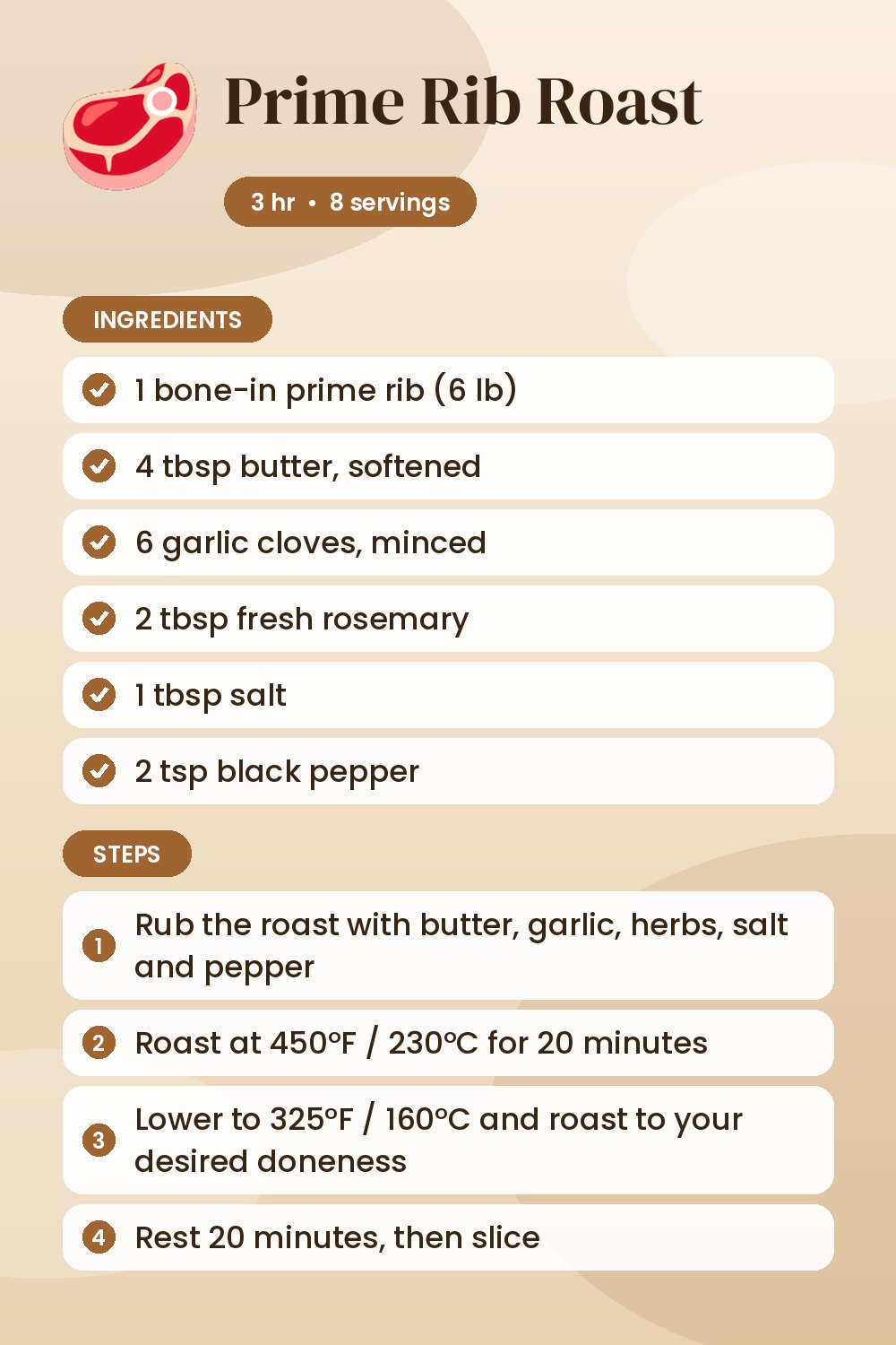Prime Rib Roast: recipe card with ingredients and steps