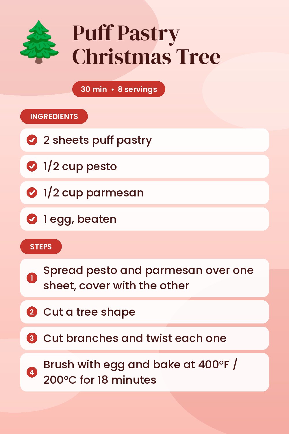 Puff Pastry Christmas Tree: recipe card with ingredients and steps