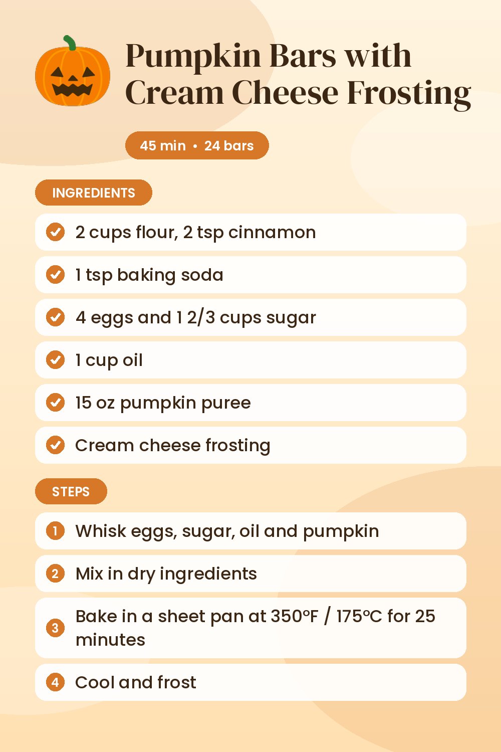 Pumpkin Bars with Cream Cheese Frosting: recipe card with ingredients and steps