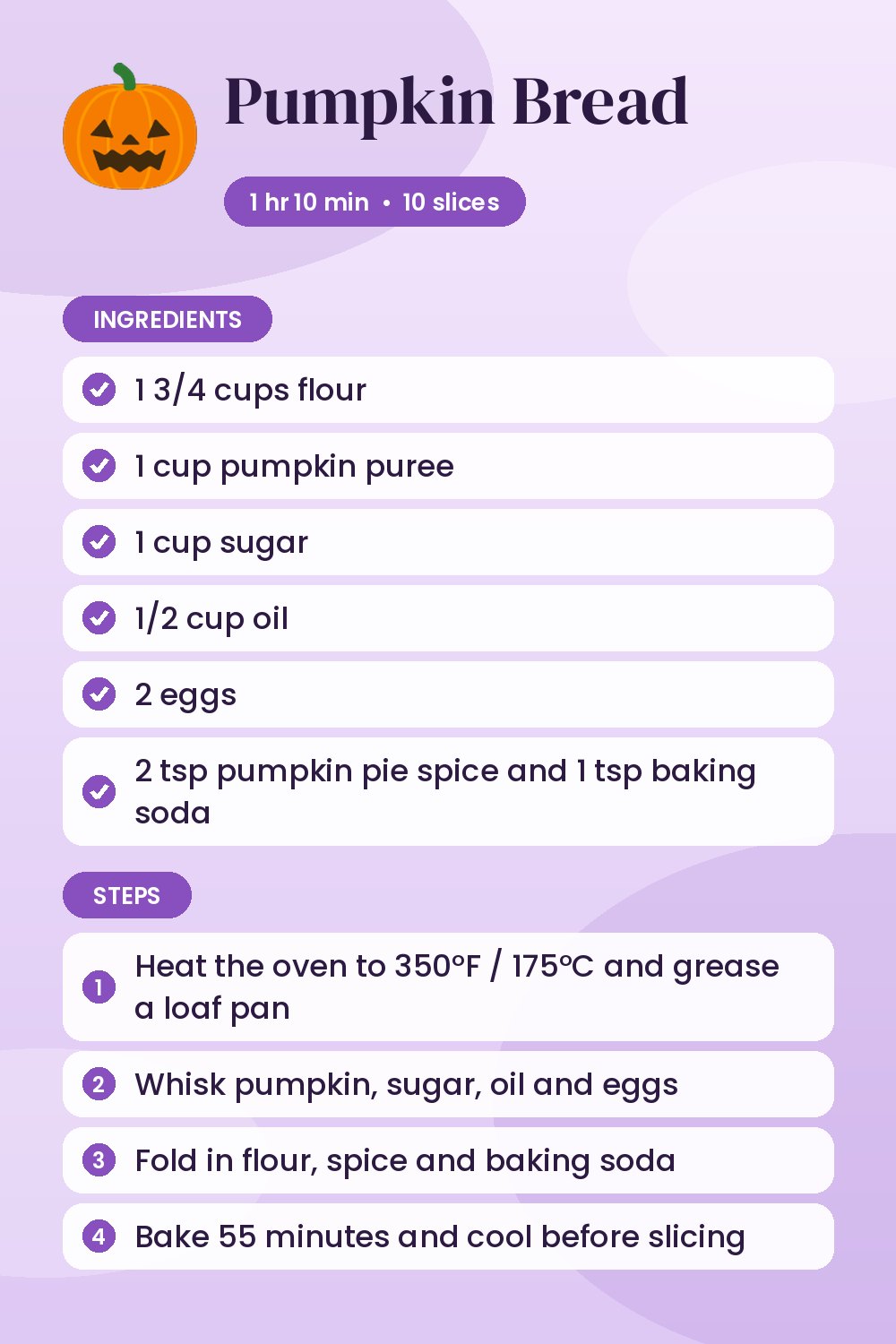 Pumpkin Bread: recipe card with ingredients and steps