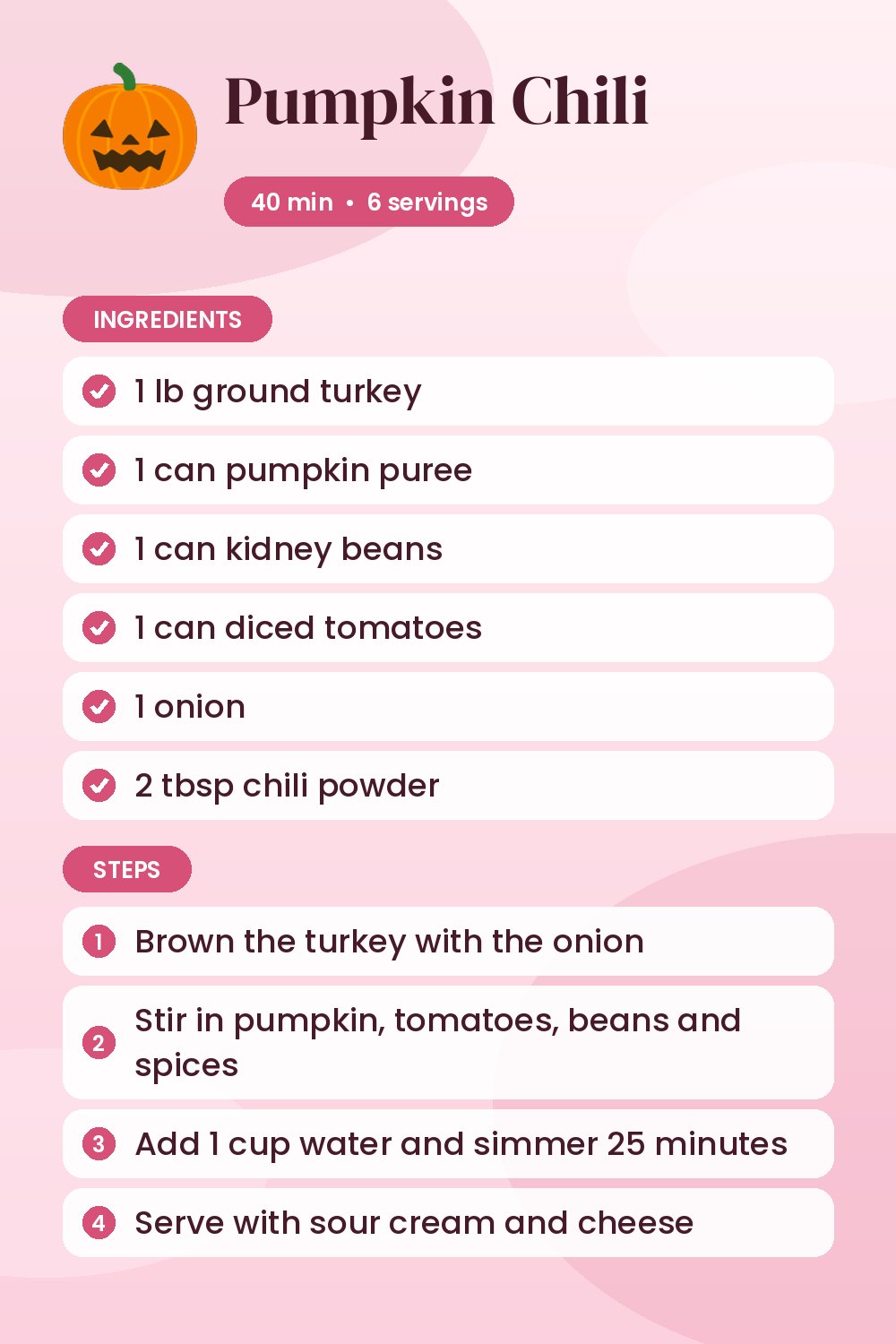 Pumpkin Chili: recipe card with ingredients and steps