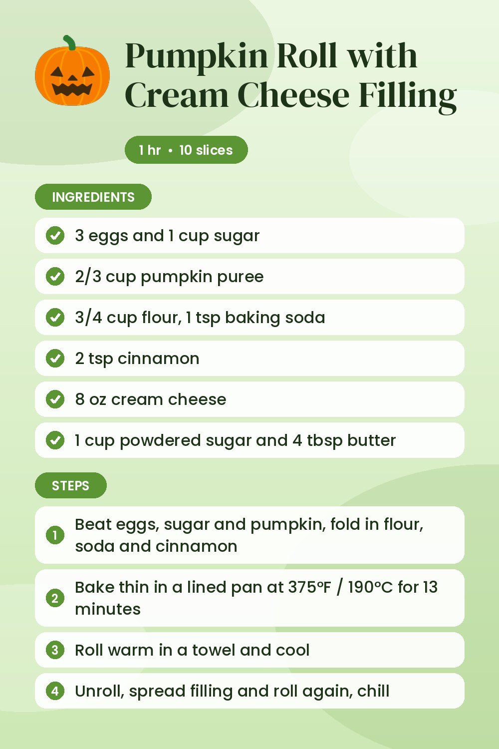 Pumpkin Roll with Cream Cheese Filling: recipe card with ingredients and steps