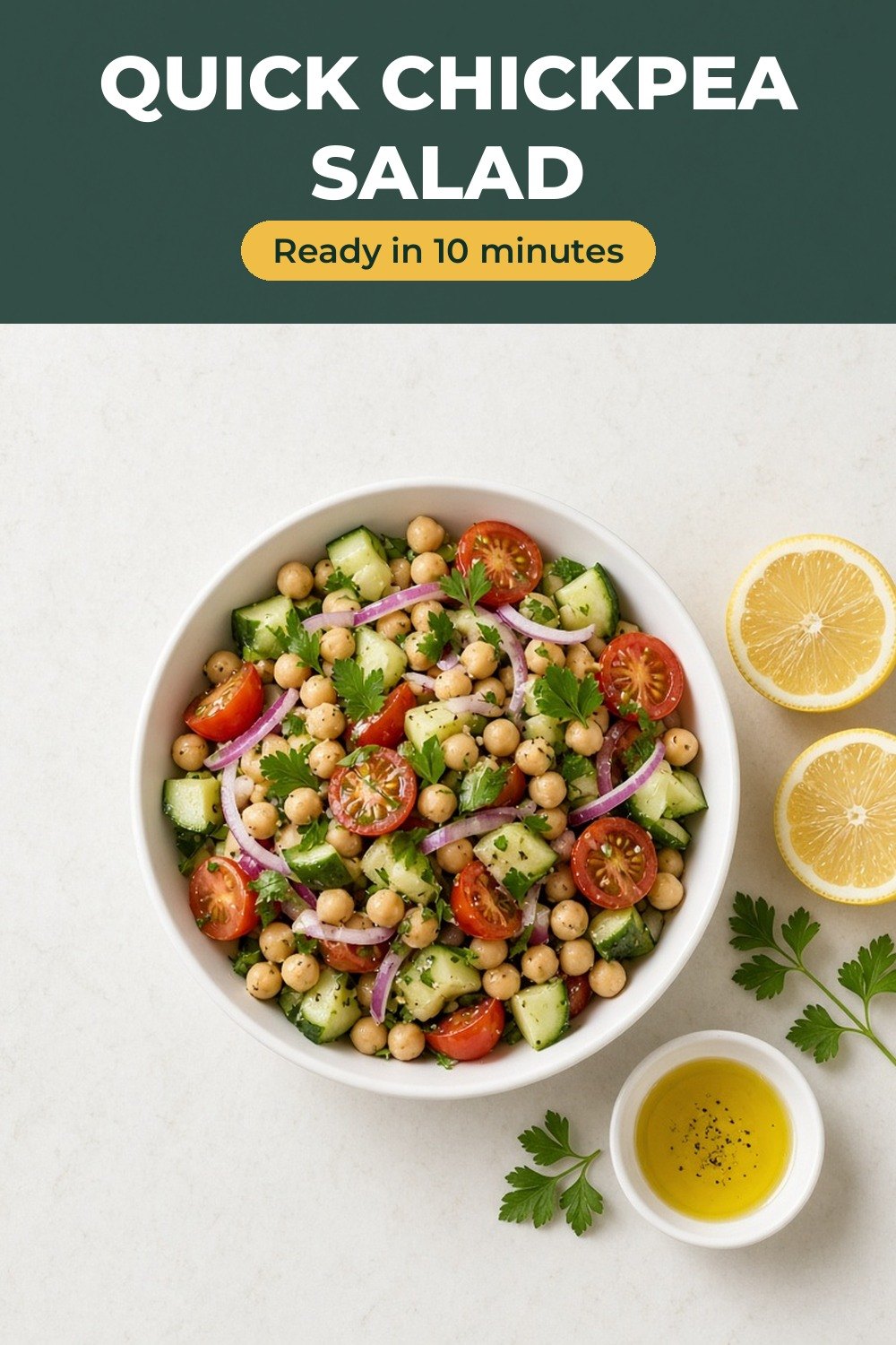 Quick Chickpea Salad: recipe card with ingredients and steps