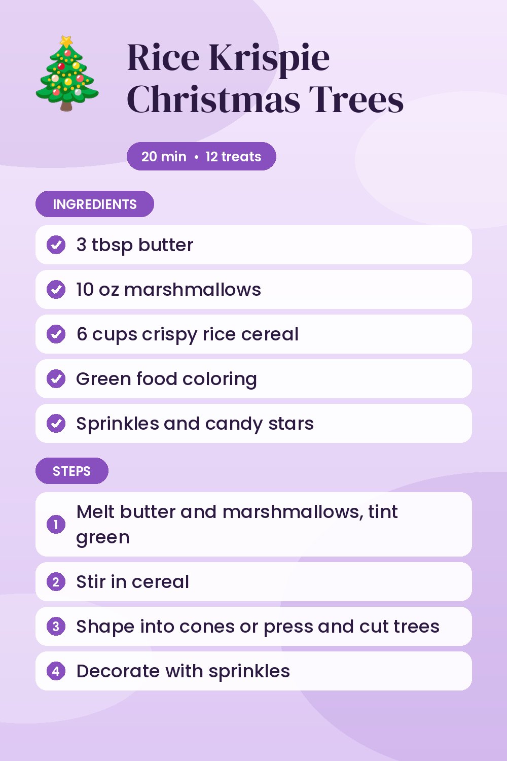 Rice Krispie Christmas Trees: recipe card with ingredients and steps