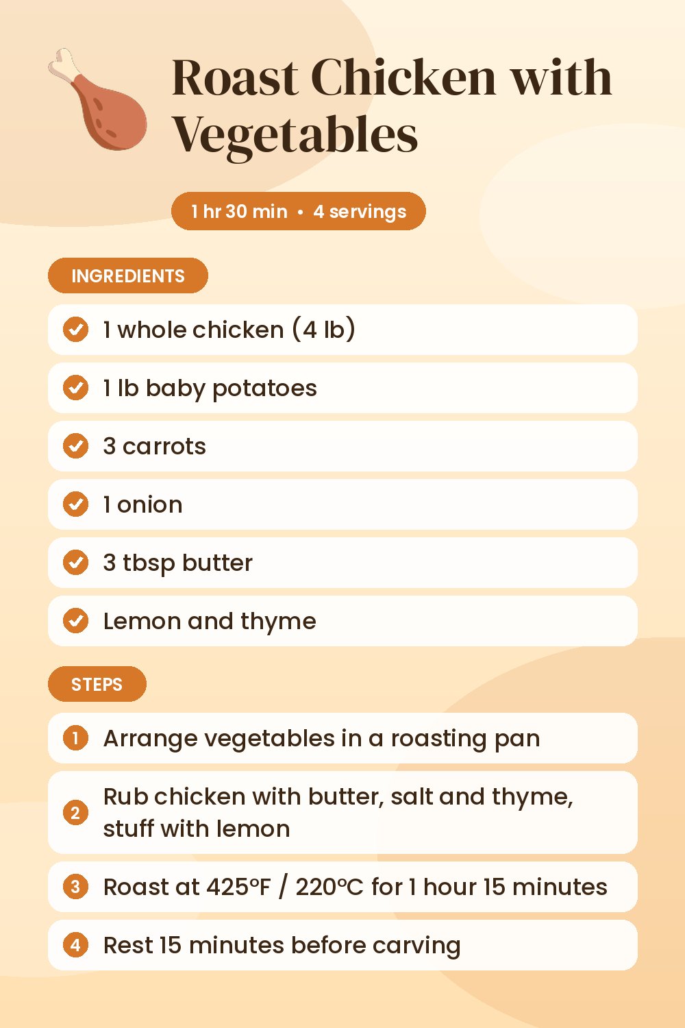 Roast Chicken with Vegetables: recipe card with ingredients and steps