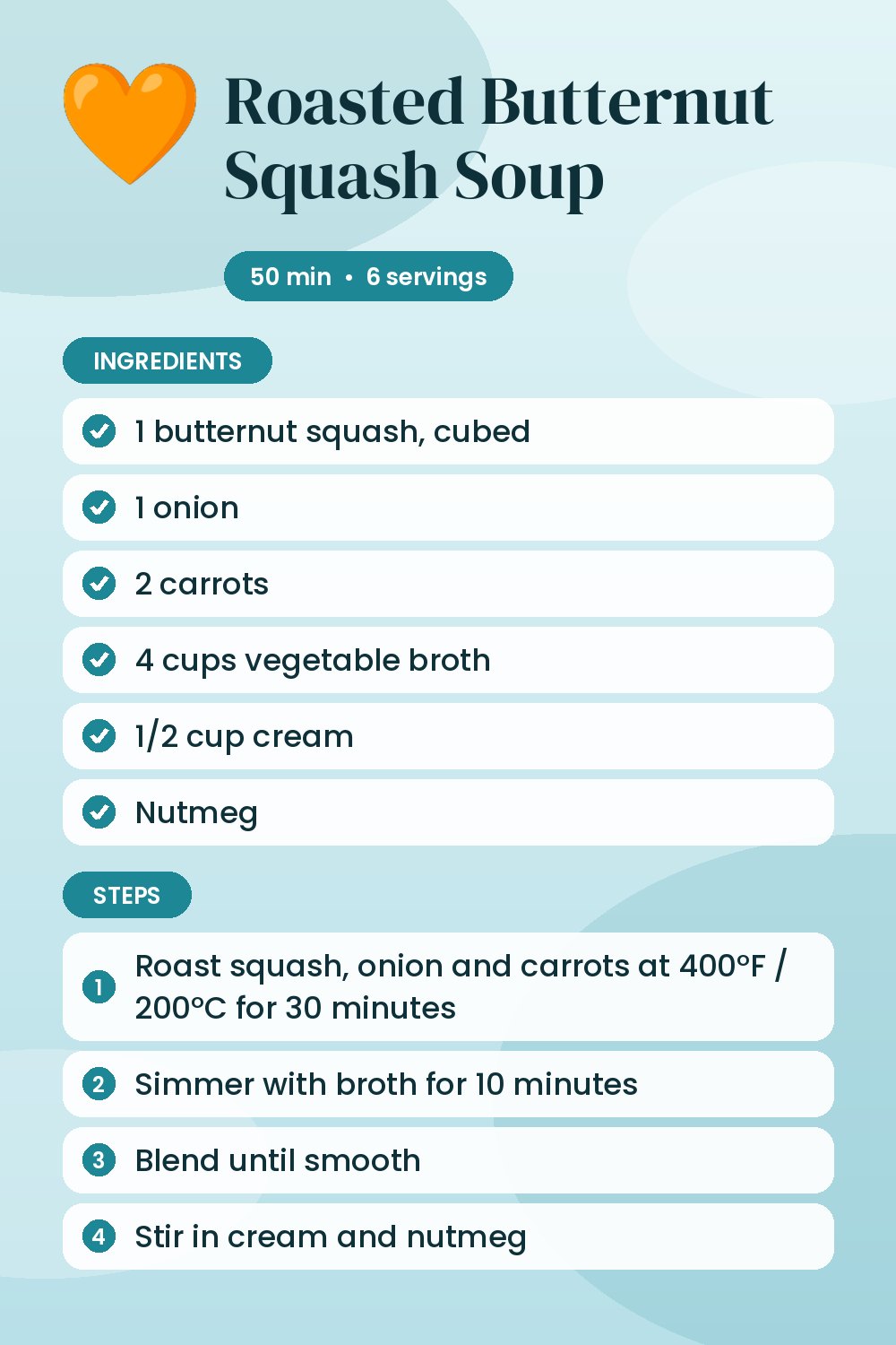 Roasted Butternut Squash Soup: recipe card with ingredients and steps