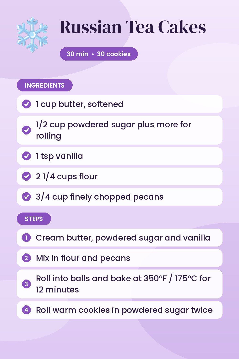 Russian Tea Cakes: recipe card with ingredients and steps