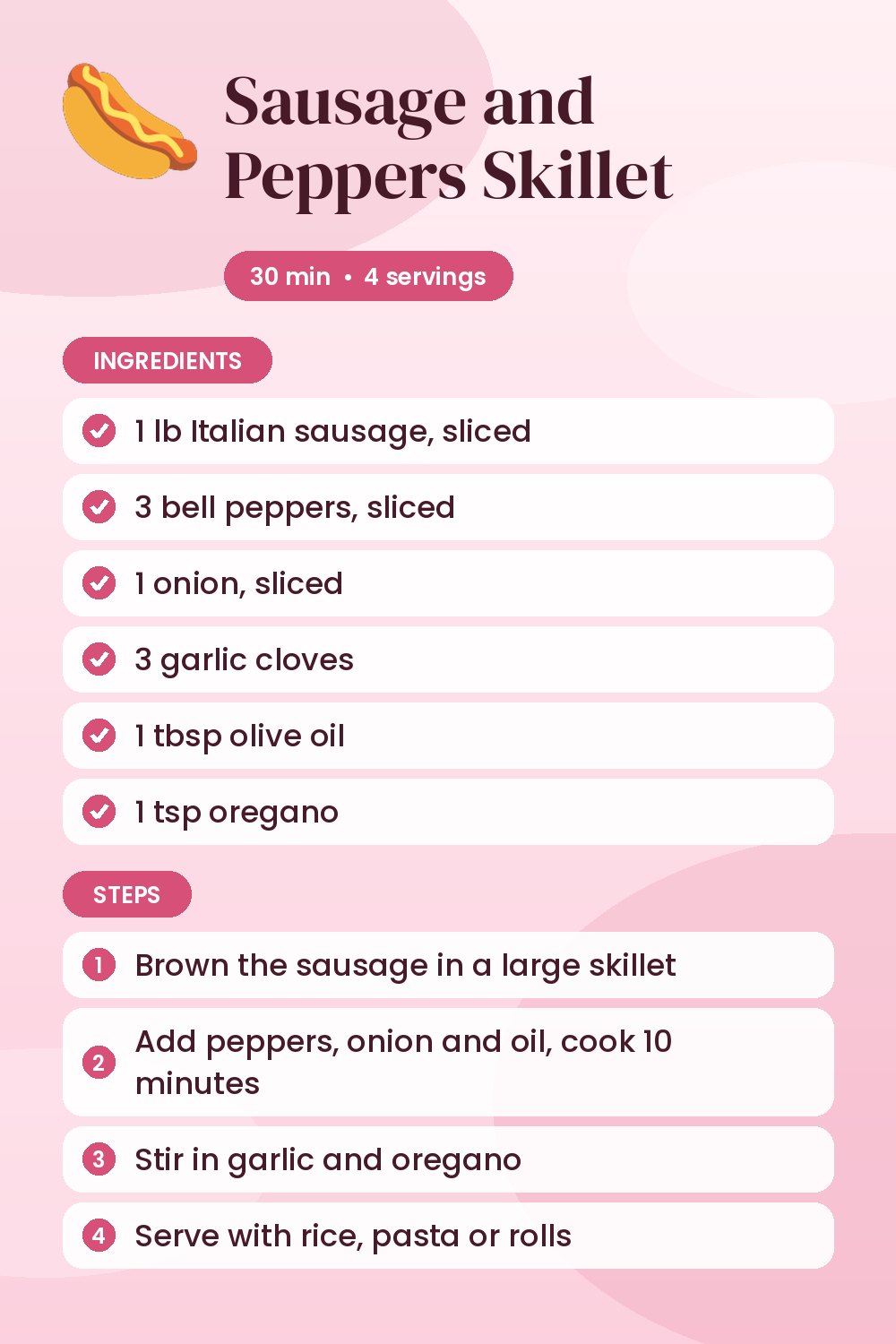 Sausage and Peppers Skillet: recipe card with ingredients and steps