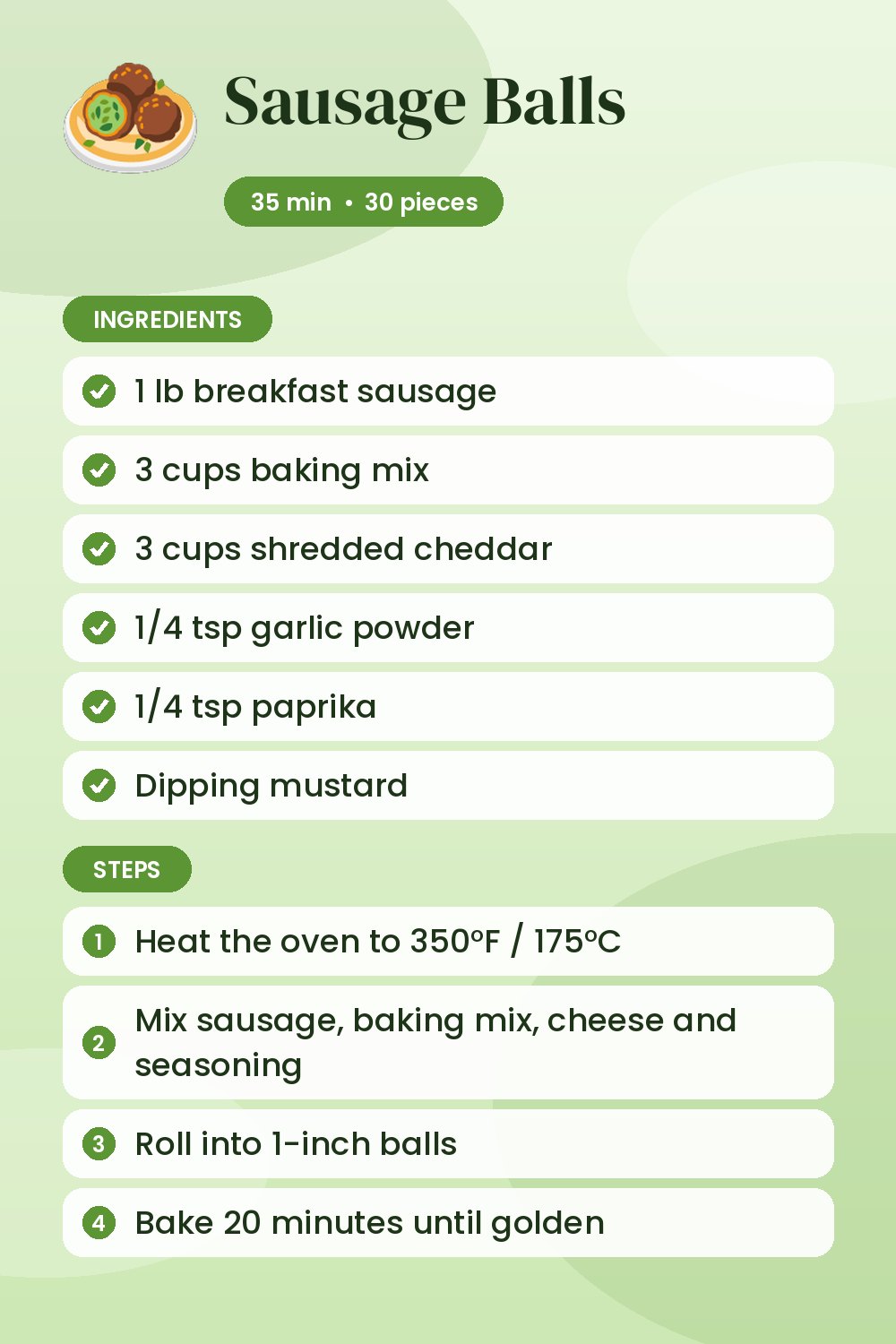 Sausage Balls: recipe card with ingredients and steps