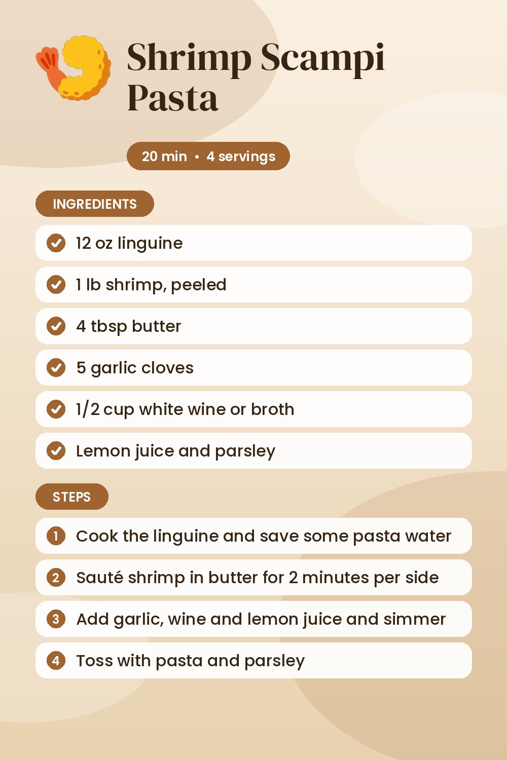 Shrimp Scampi Pasta: recipe card with ingredients and steps