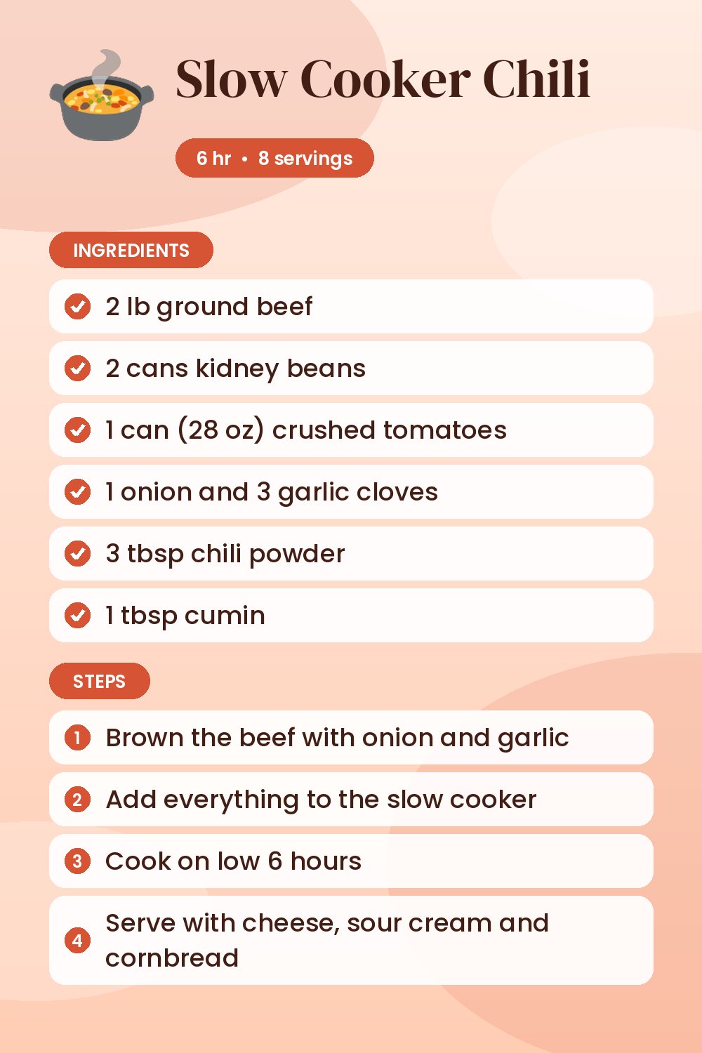 Slow Cooker Chili: recipe card with ingredients and steps