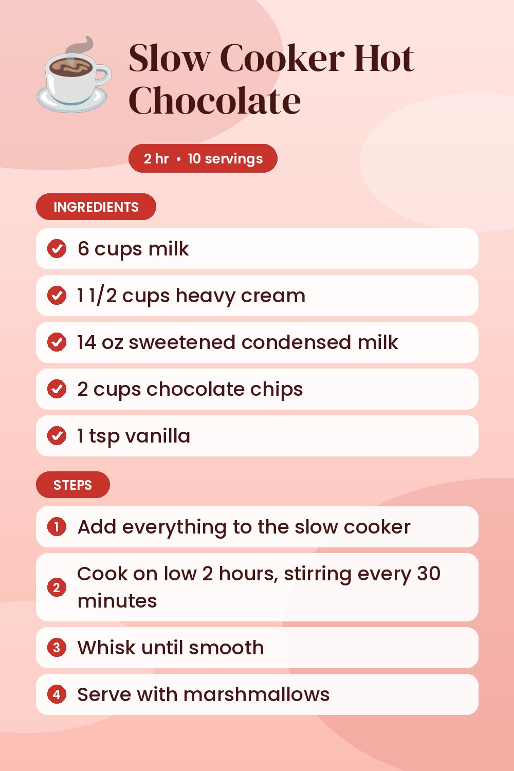 Slow Cooker Hot Chocolate: recipe card with ingredients and steps