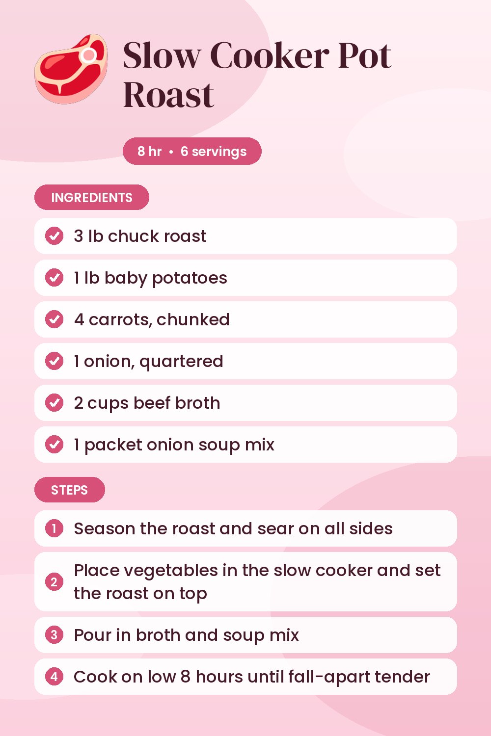 Slow Cooker Pot Roast: recipe card with ingredients and steps