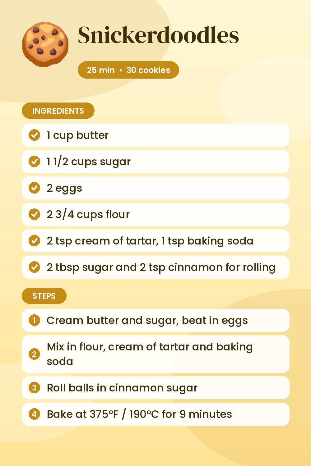 Snickerdoodles: recipe card with ingredients and steps