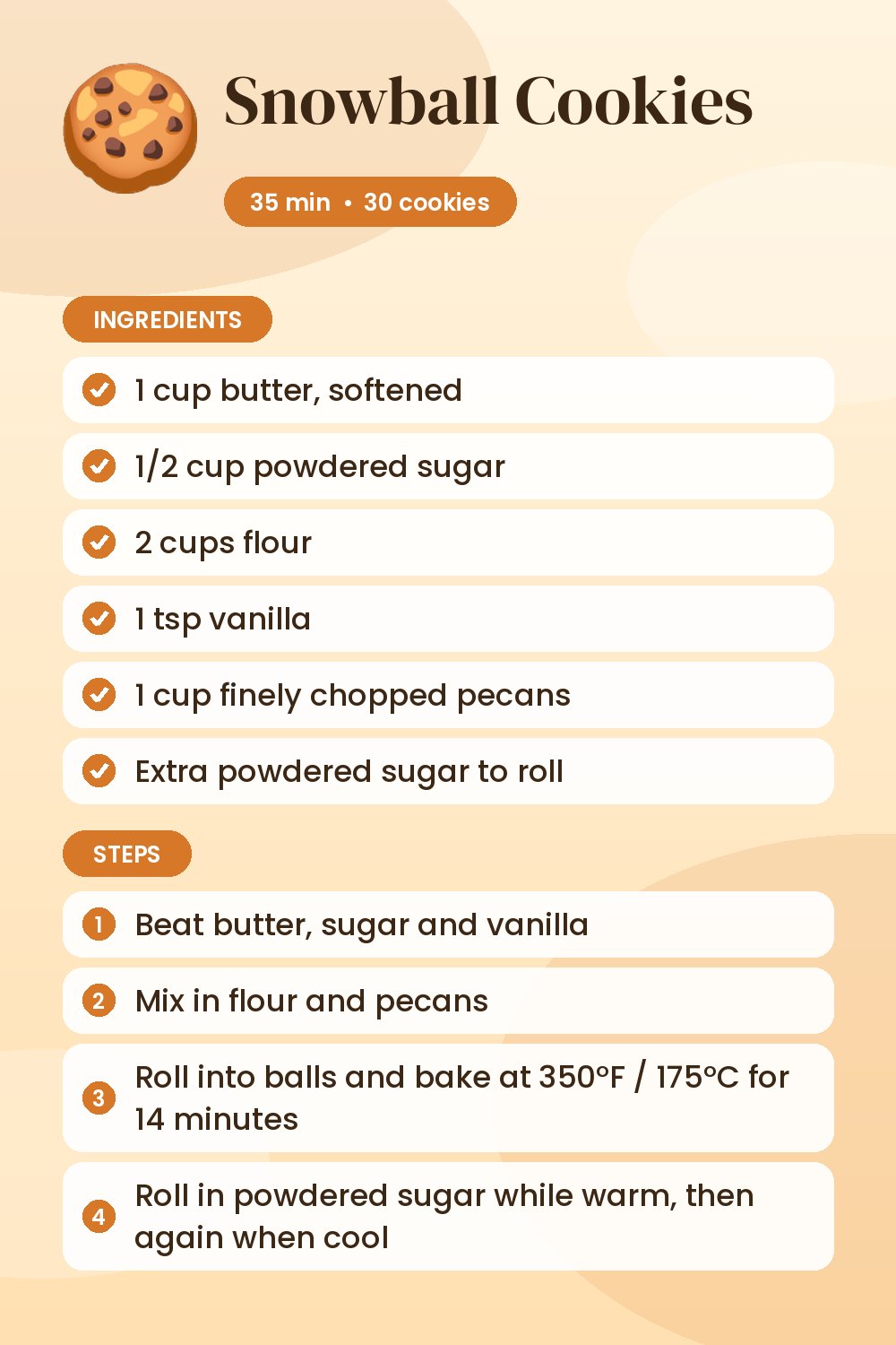 Snowball Cookies: recipe card with ingredients and steps