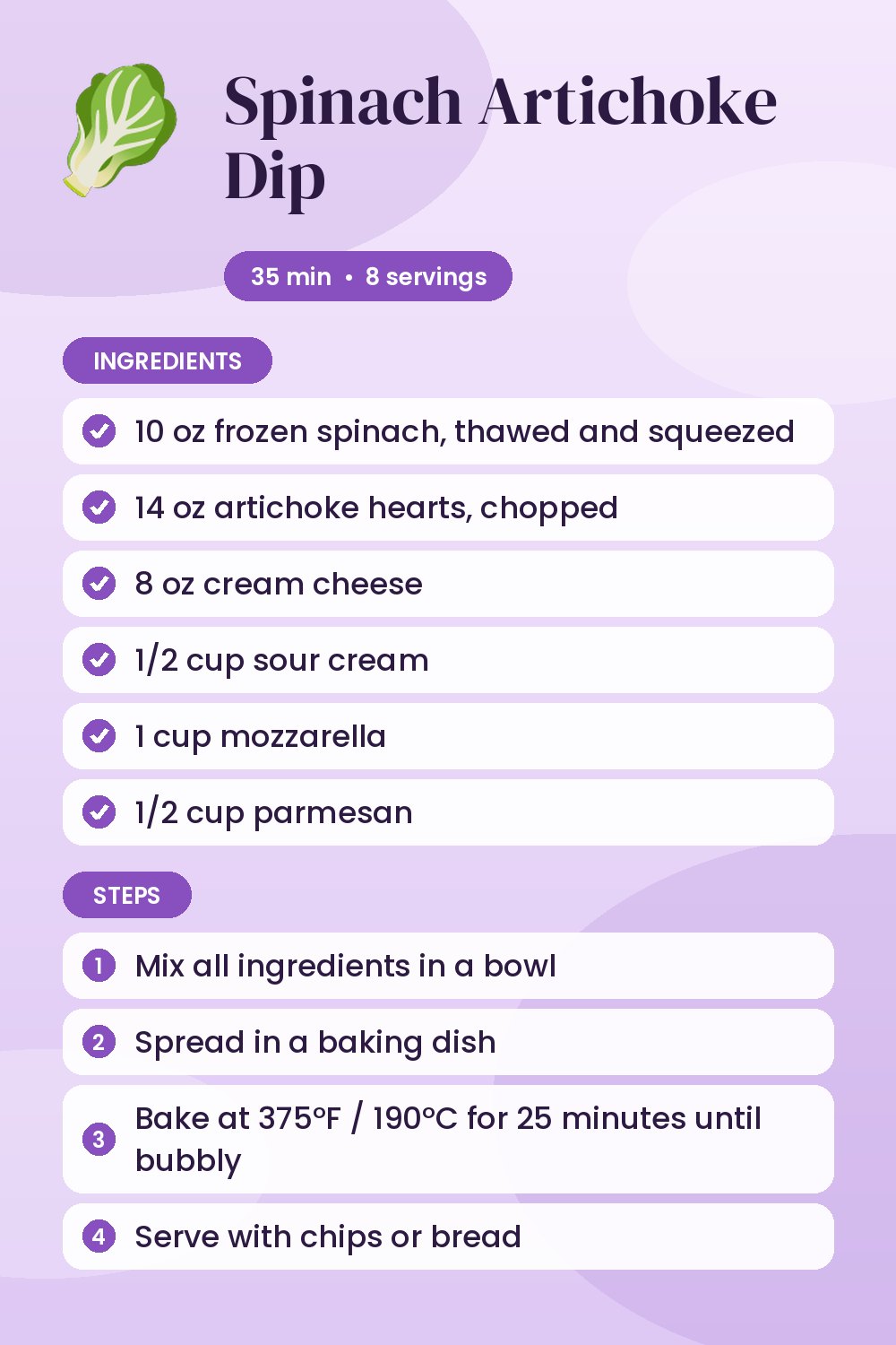 Spinach Artichoke Dip: recipe card with ingredients and steps