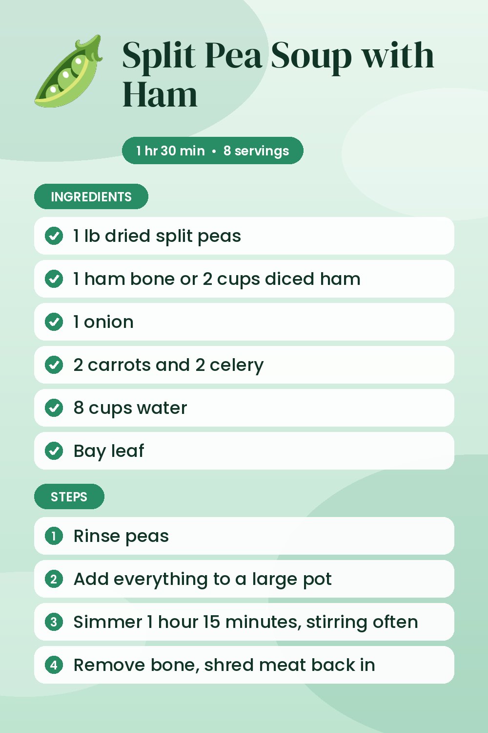Split Pea Soup with Ham: recipe card with ingredients and steps
