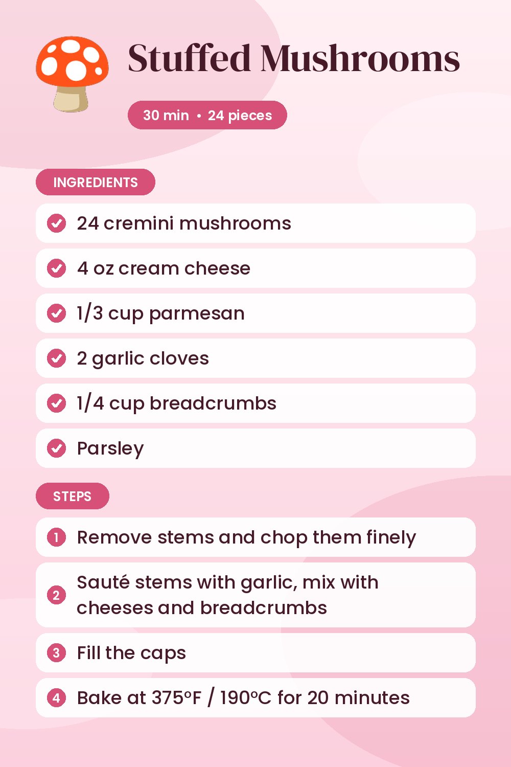 Stuffed Mushrooms: recipe card with ingredients and steps