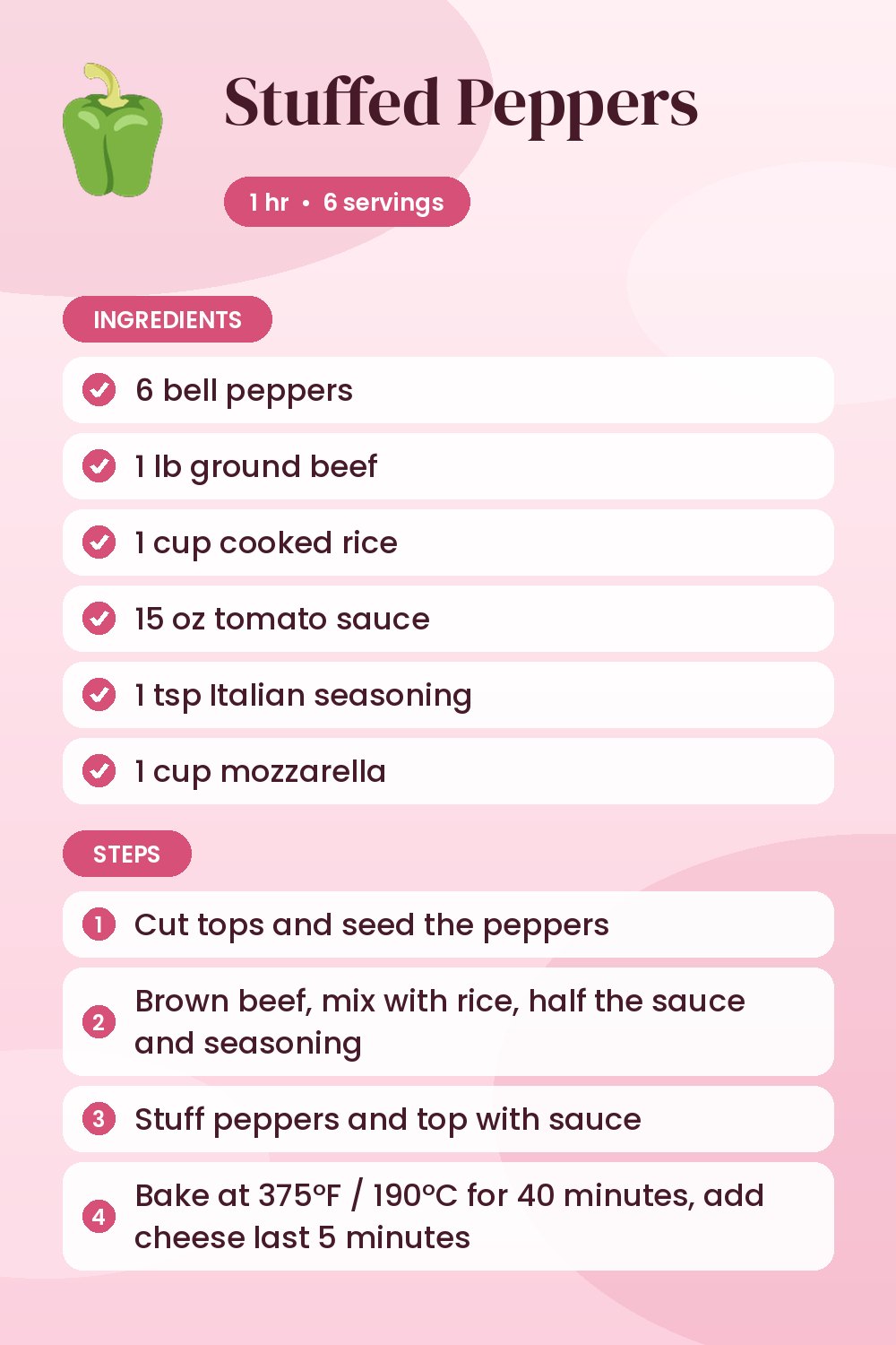 Stuffed Peppers: recipe card with ingredients and steps