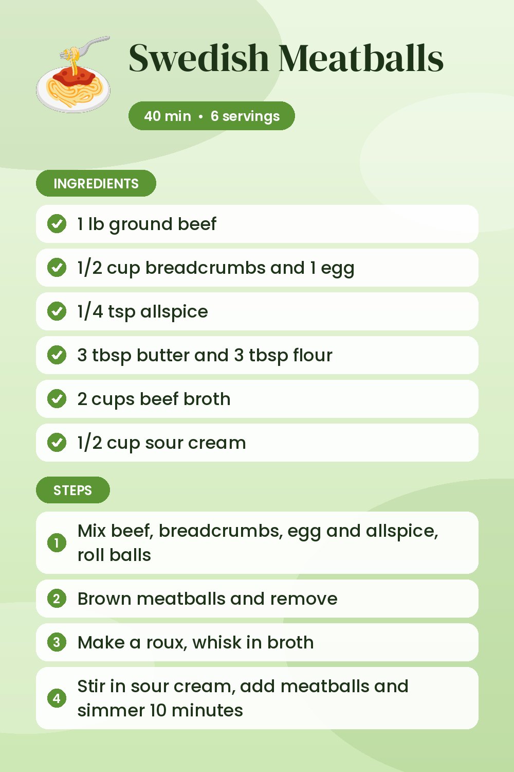 Swedish Meatballs: recipe card with ingredients and steps