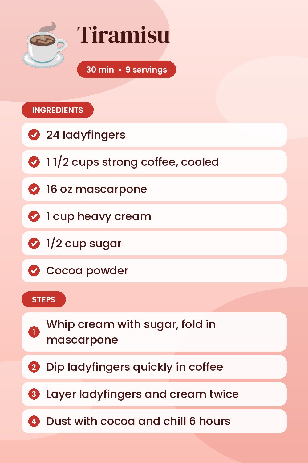 Tiramisu: recipe card with ingredients and steps