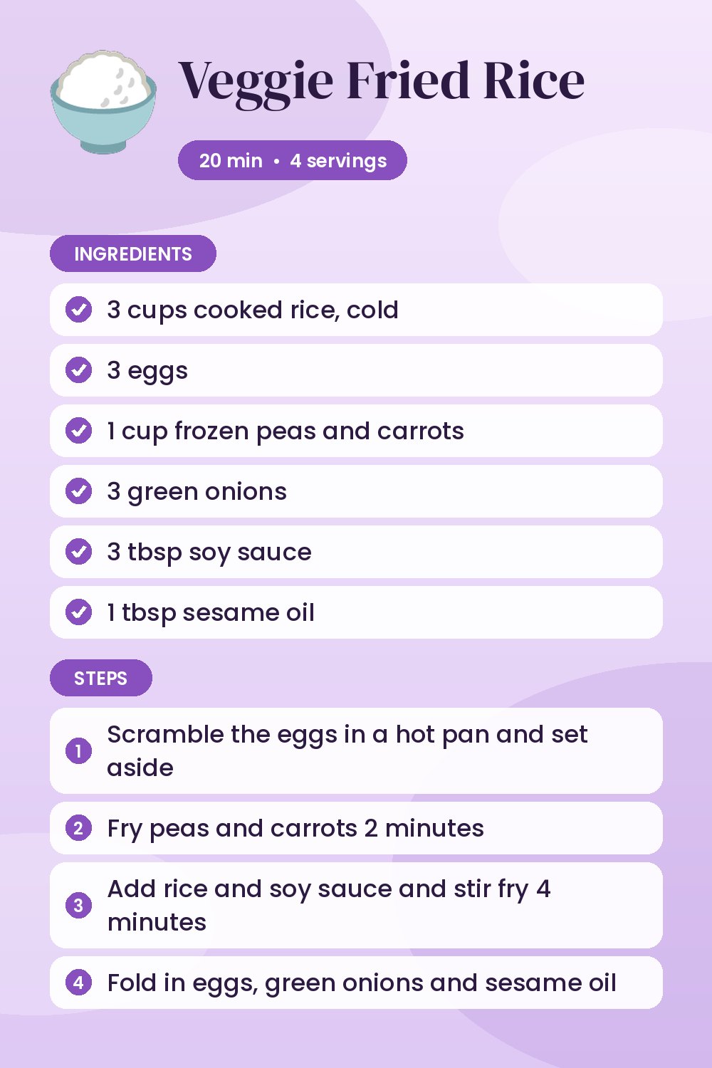 Veggie Fried Rice: recipe card with ingredients and steps