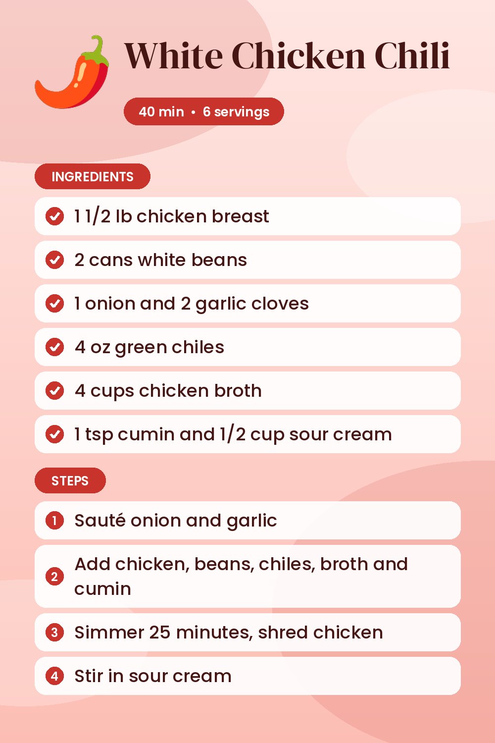 White Chicken Chili: recipe card with ingredients and steps