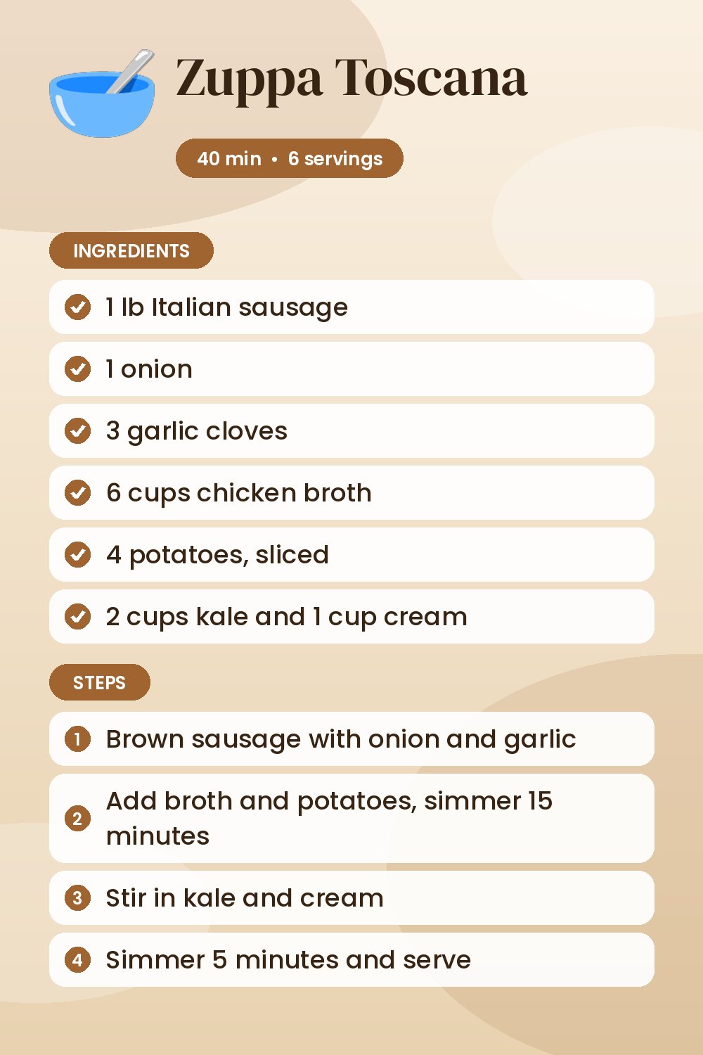 Zuppa Toscana: recipe card with ingredients and steps